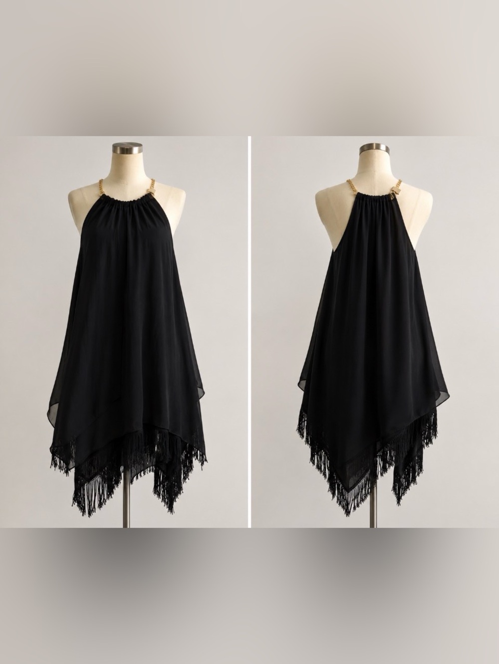 Michael Kors Black Fringe-Hem Halter Dress